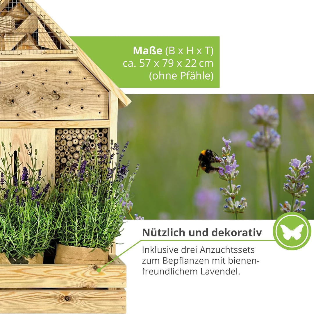 GARTENETAGE Insektenhotel zum Aufhängen mit Pflanzenbalkon Lavendel - inkl. Anzuchtset/Naturbelassen