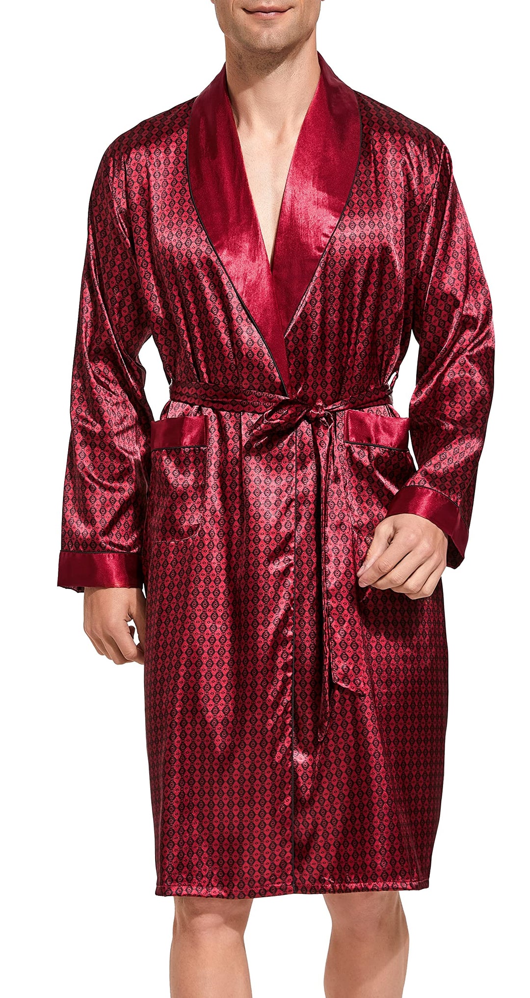 Herren Satin Bademantel, Leichter Seiden Langarm Bademantel mit Shorts Set, Spa Kimono Nachtwäsche X