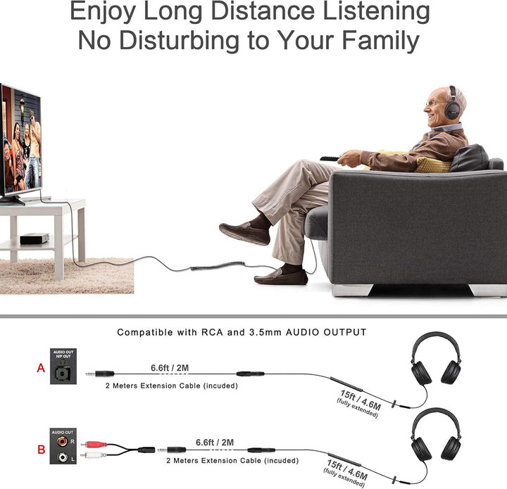 SIMOLIO TV Kopfhörer mit Langem Kabel für Fernseher, 15ft Spule Kabel Plus 6.6ft Verlängerungskabel,