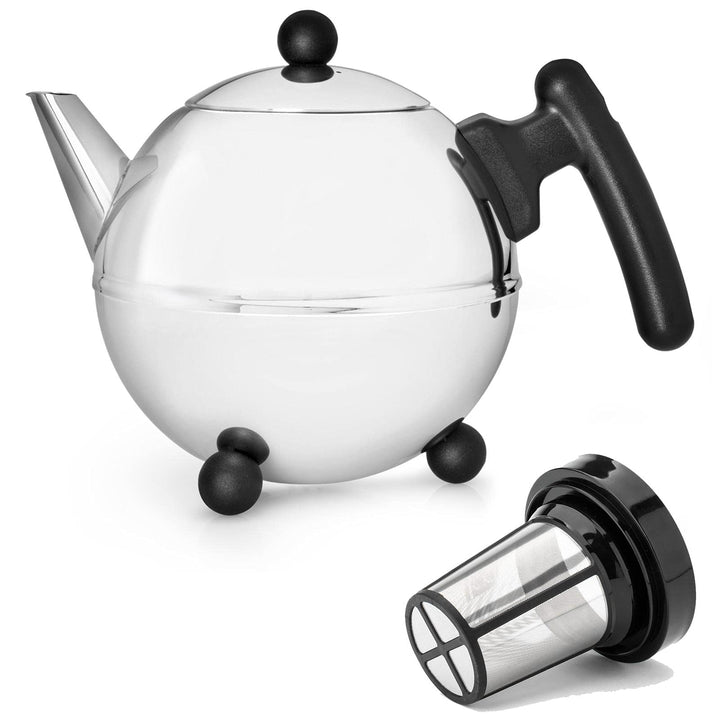 Teekanne Set 1.2 Liter - Edelstahl doppelwandig silber - Grosse Edelstahlteekanne mit Deckel mit Tee