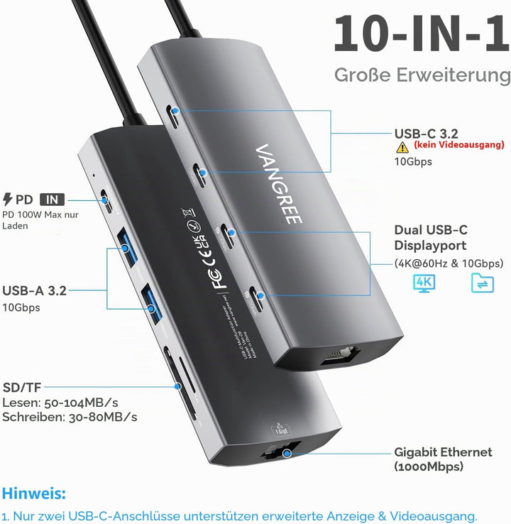 USB-C-Hub mit Dual 4K@60Hz DisplayPorts, 2× USB-A & 2× USB-C 3.2 (10Gbps), Gigabit-Ethernet, 100W PD