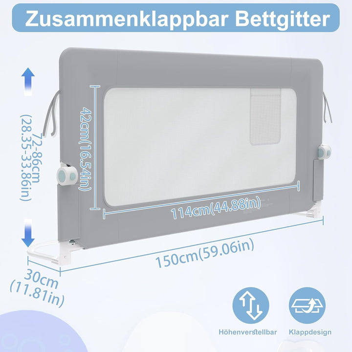 YRHome 150cm Bettgitter Rausfallschutz klappbar 180 Grad drehbar Bettschutzgitter für Kleinkinder lu