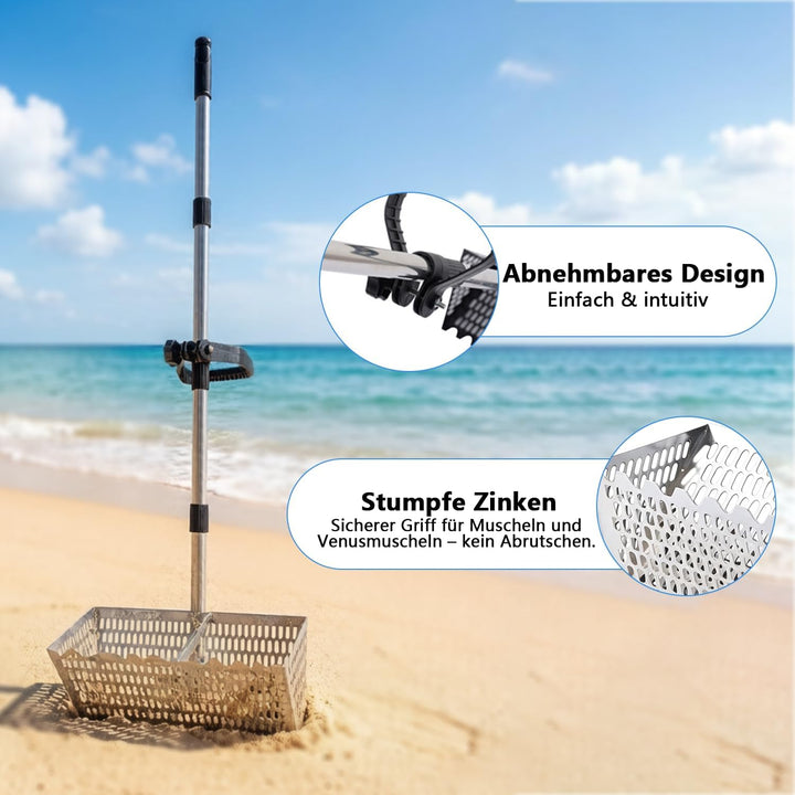 Sandflohrechen für den Strand, Sandschaufel und -sieb aus Edelstahl, extra grosser, 40 cm breiter Re