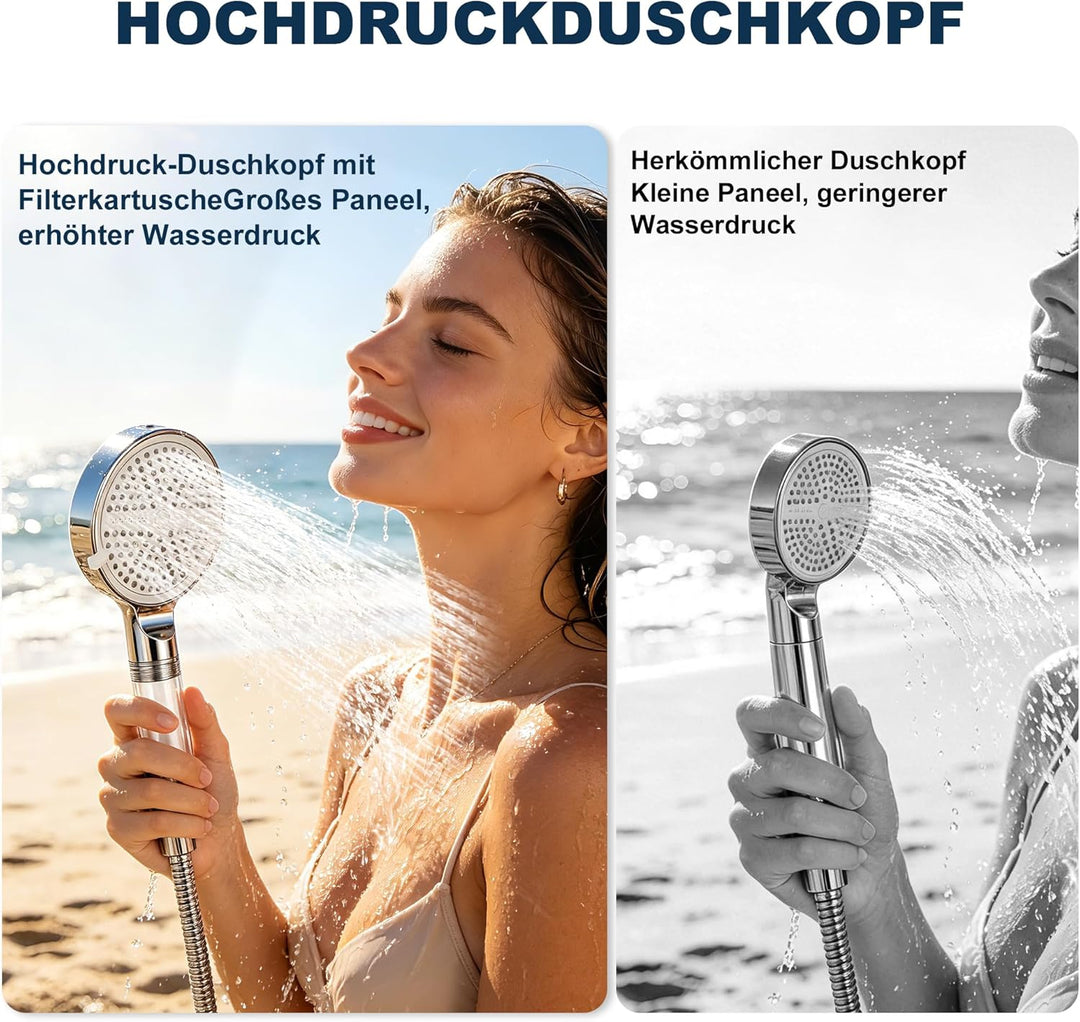 Duschkopf mit Filter, Handbrause mit Schlauch, 6 Strahlarten Duschkopf Wassersparend Hochdruck mit F