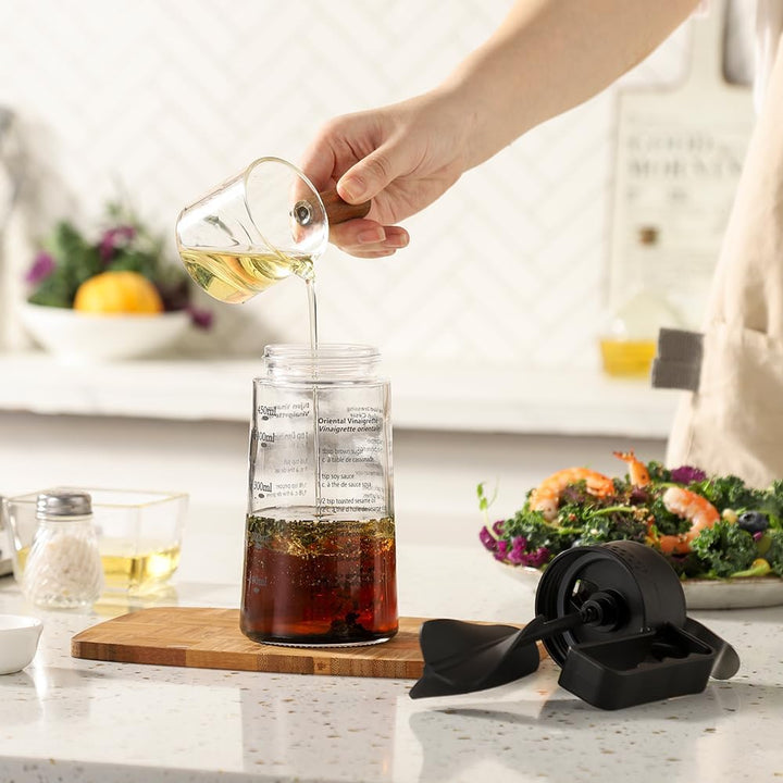 Salatdressing-Shaker aus Glas, 450 ml, mit abgestufter Skala und aufgedruckten Rezepten, hausgemacht