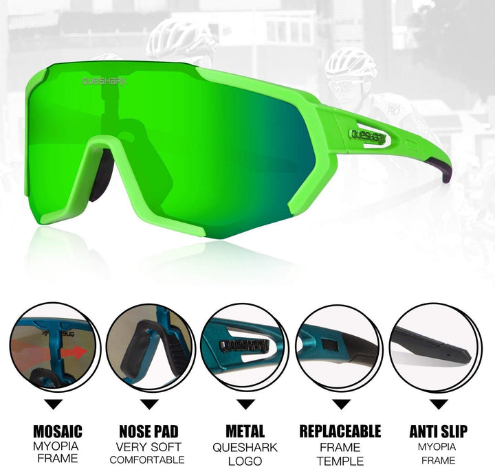 Queshark Sportbrillen Fahrrad Brillen Damen Herren Polarisierte UV400 Schutz mit 5 Wechselgläser Rad