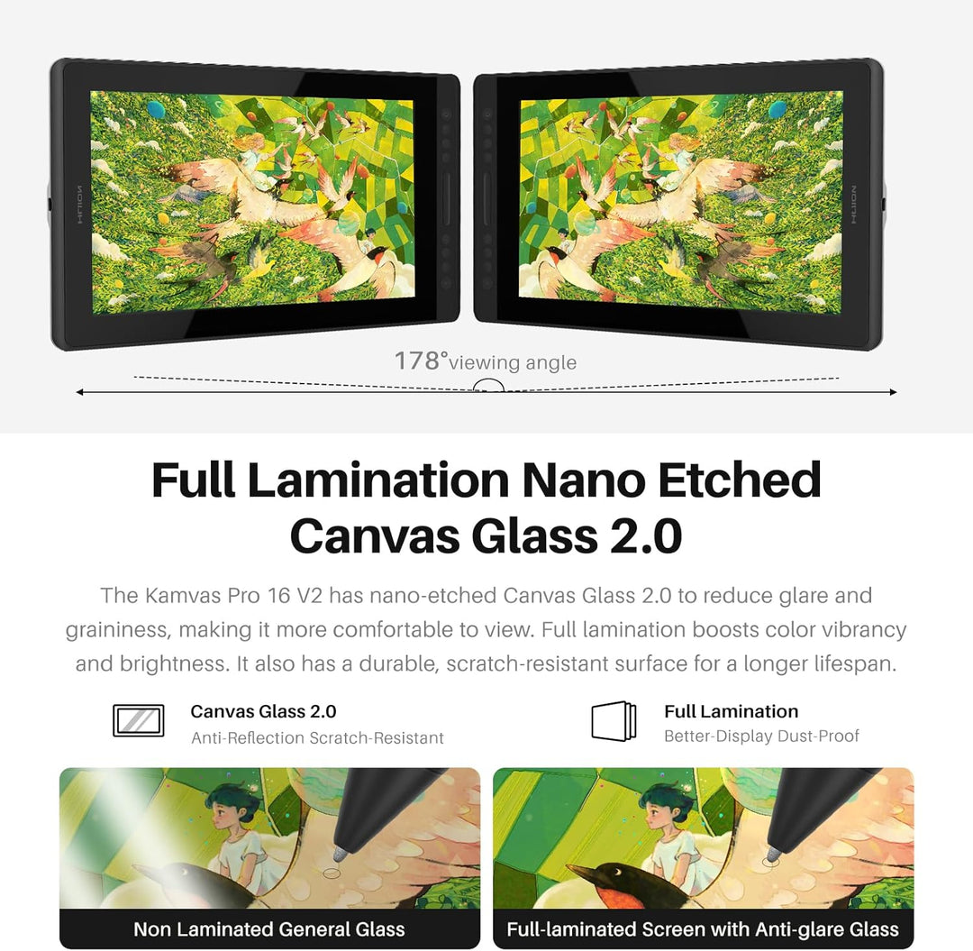 HUION Kamvas Pro 16 V2 Grafiktablett mit Display, 15,6 Zoll Drawing Tablet 16384 Stiftdruck, batteri
