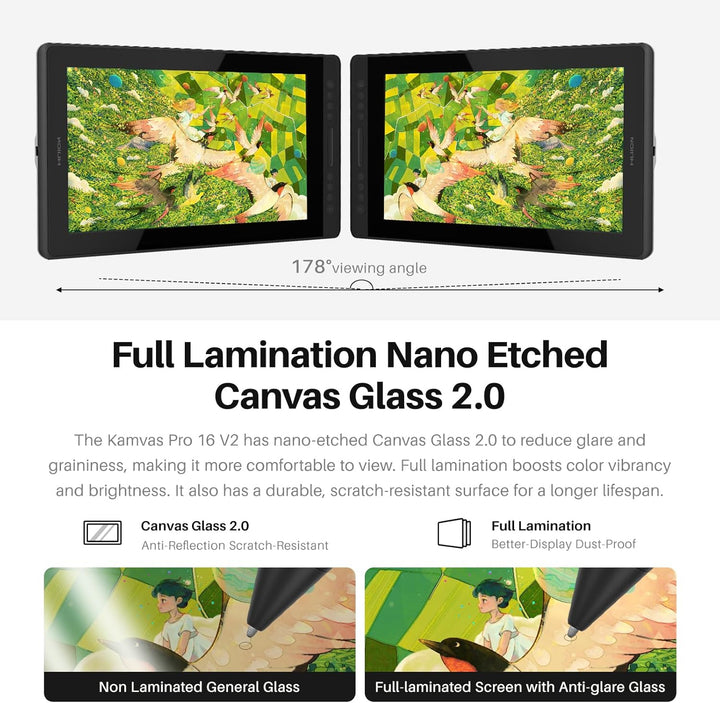 HUION Kamvas Pro 16 V2 Grafiktablett mit Display, 15,6 Zoll Drawing Tablet 16384 Stiftdruck, batteri