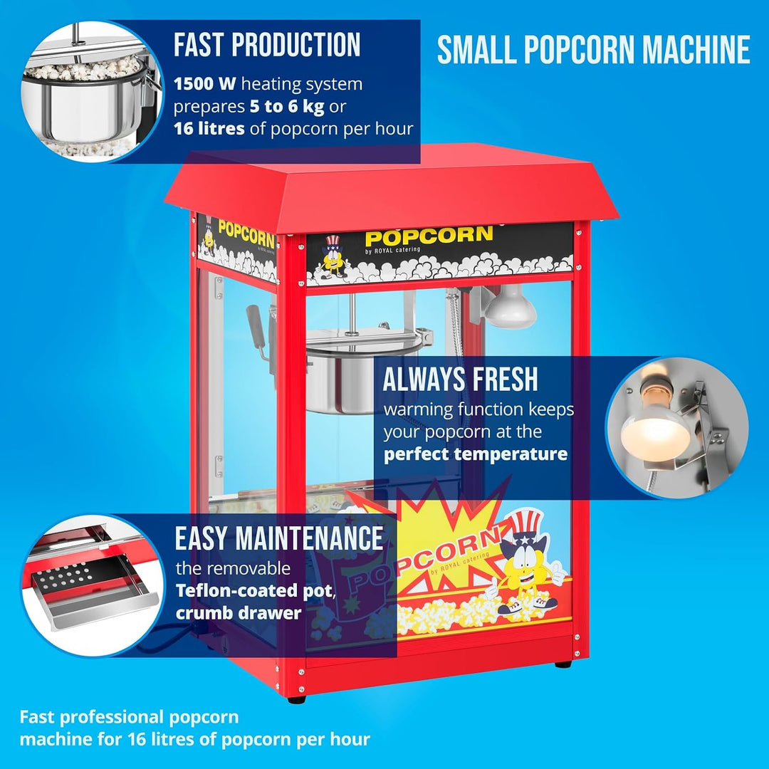 Royal Catering Popcornmaschine Popcornmaker RCPR-16E (1.600 W, Arbeitsleistung 5 kg/h 16 L/h, Topfdu