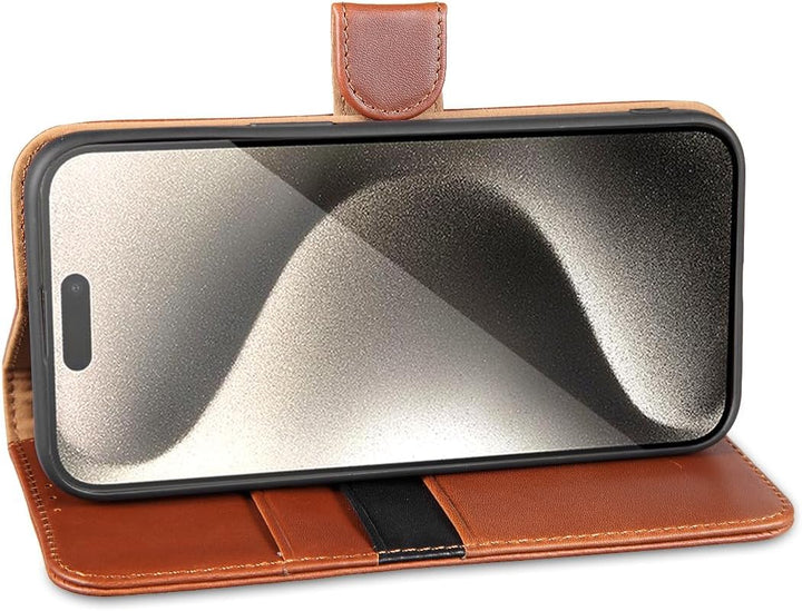LENSUN Echtleder Hülle für iPhone 15 Pro Max, Handyhülle [Echtes Leder][Kartenfach][RFID Schutz] Han