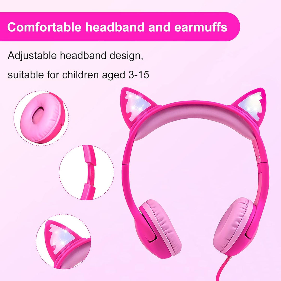 Olyre Toddlers Headphones with Microphone-85dB Safe Volume Limited and LED Light Up cat Ears Wired H