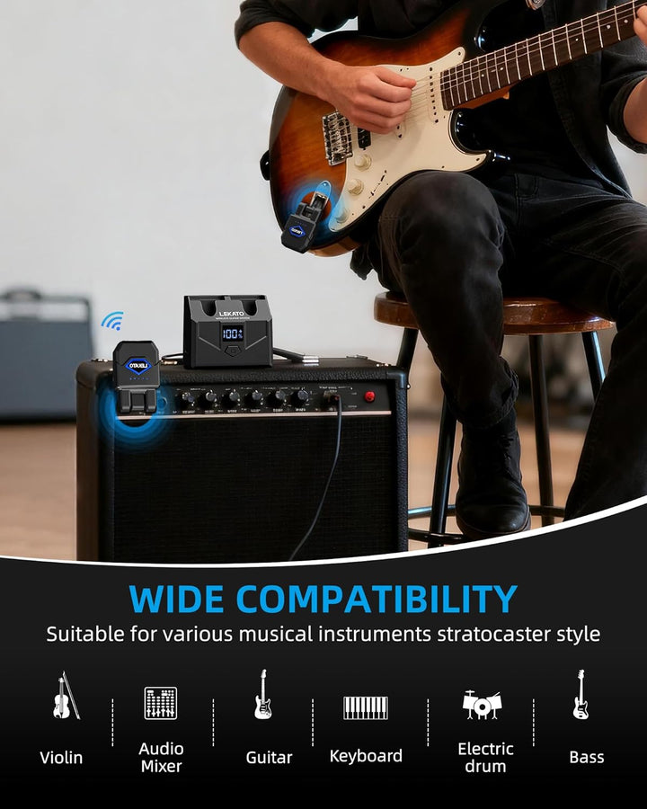 LEKATO Kabelloses Gitarrensystem mit Ladekoffer, Gitarren-Sender-Empfänger mit 15 Stunden Spielzeit,