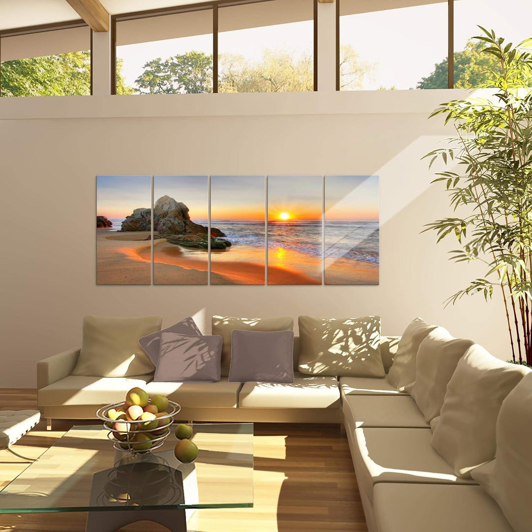 Runa Art Wandbild XXL Sonnenaufgang Strand Schlafzimmer Wohnzimmer 200 x 80 cm Orange 5 Teilig - Mad