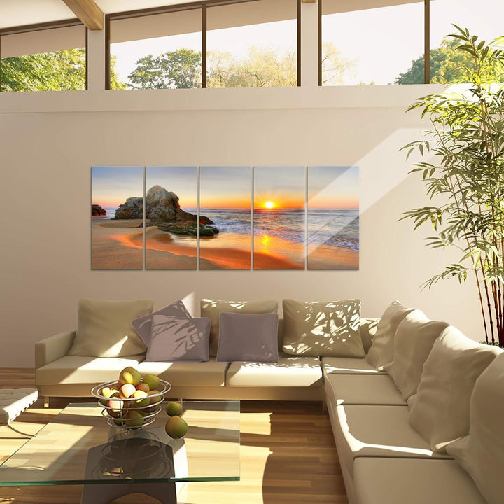 Runa Art Wandbild XXL Sonnenaufgang Strand Schlafzimmer Wohnzimmer 200 x 80 cm Orange 5 Teilig - Mad