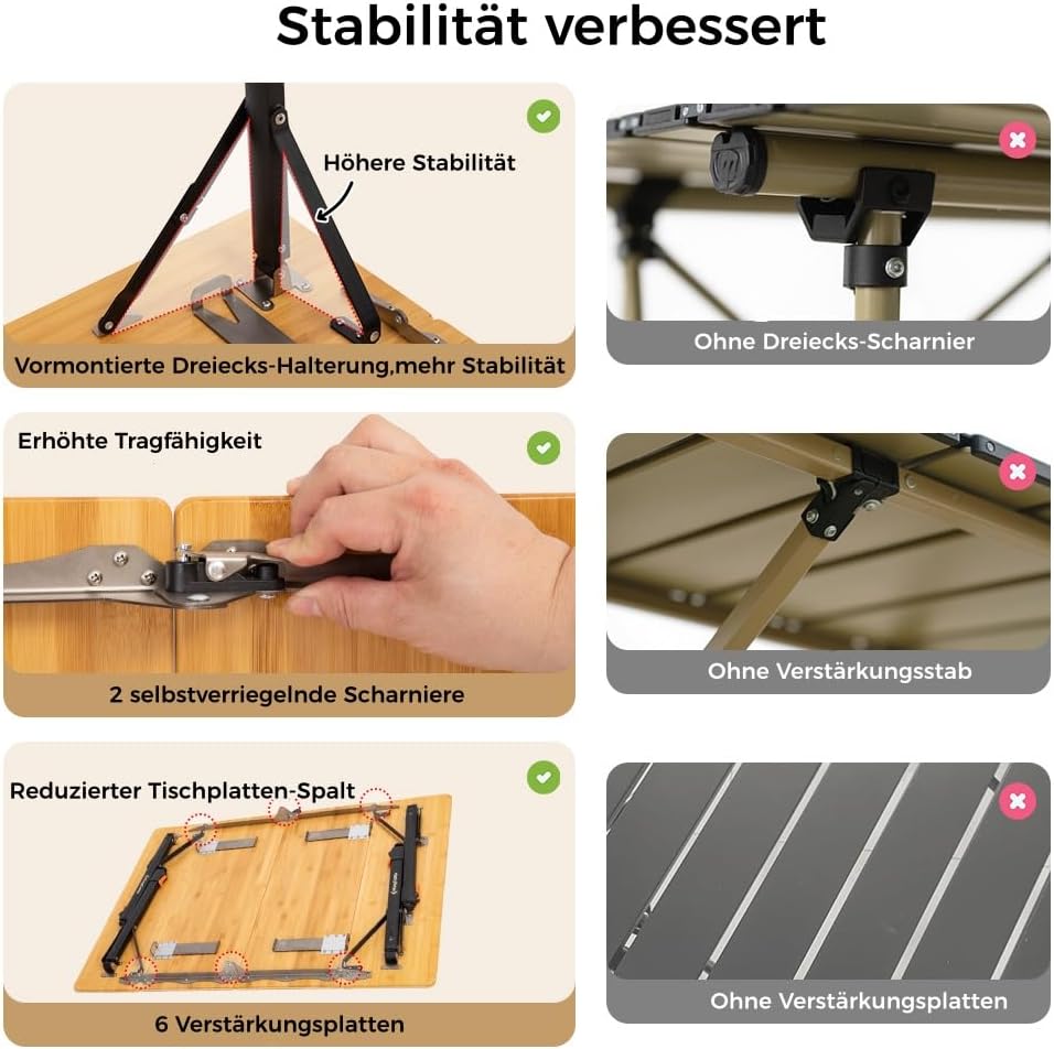KingCamp Campingtisch Bambus 80 x 60 cm Klapptisch höhenverstellbar 42~70cm für 2-4 Personen 4 Falte