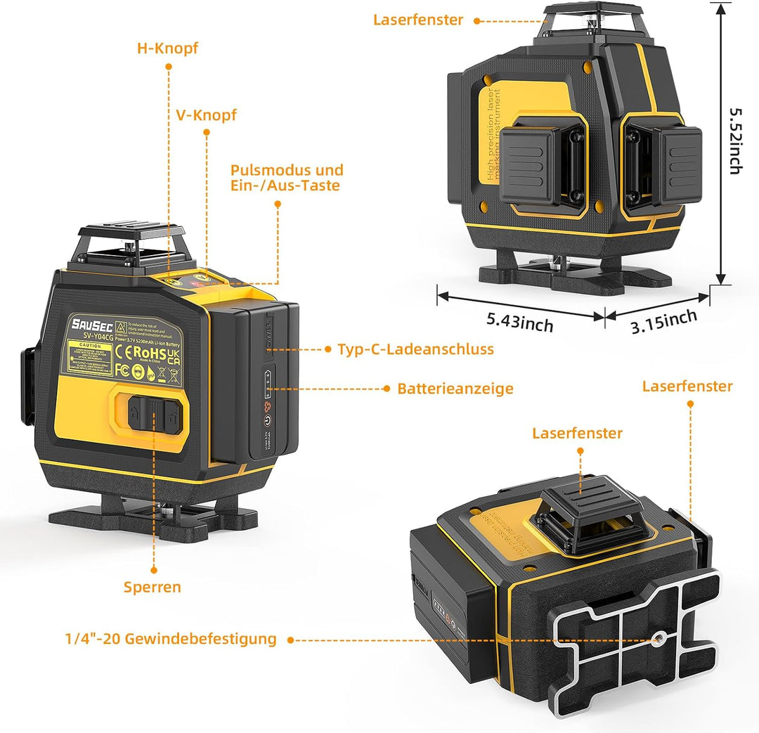 Laser Wasserwaage, SAVSEC 4x 360 Grad Selbstnivellierend Kreuzlinienlaser bis zu 37 Stunden, Fernbed