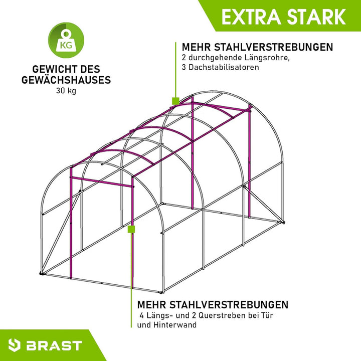 BRAST® Gewächshaus Foliengewächshaus mit Stahlfundament 200x300 cm Seitenwände aufrollbar Erdanker s