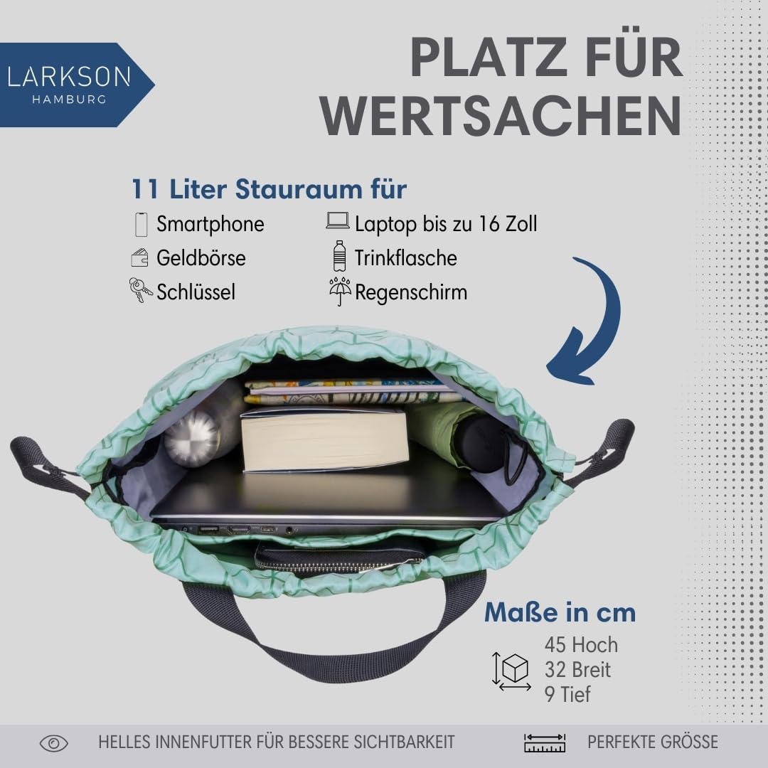 LARKSON Turnbeutel Damen &amp; Herren Mint - No 7 - Rucksack Damen für Sport und Festival - Beutel Rucks
