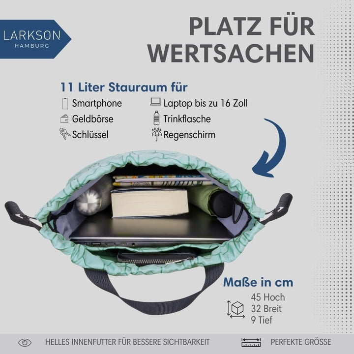LARKSON Turnbeutel Damen &amp; Herren Mint - No 7 - Rucksack Damen für Sport und Festival - Beutel Rucks