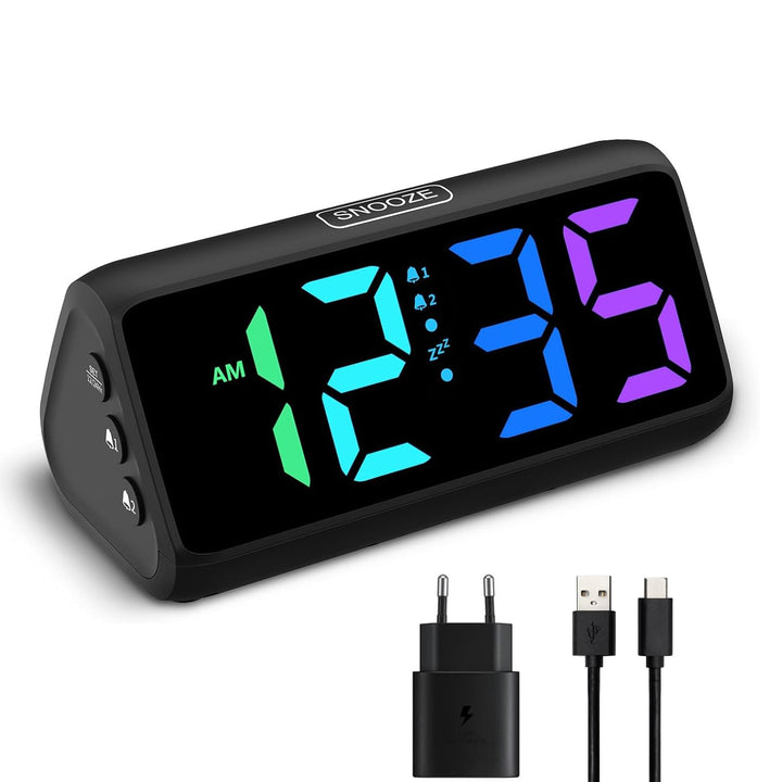 Lauter Wecker für Tiefschläfer, Wecker Digital mit Bunte Display, Doppelalarm, 5 Helligkeitsdimmer,