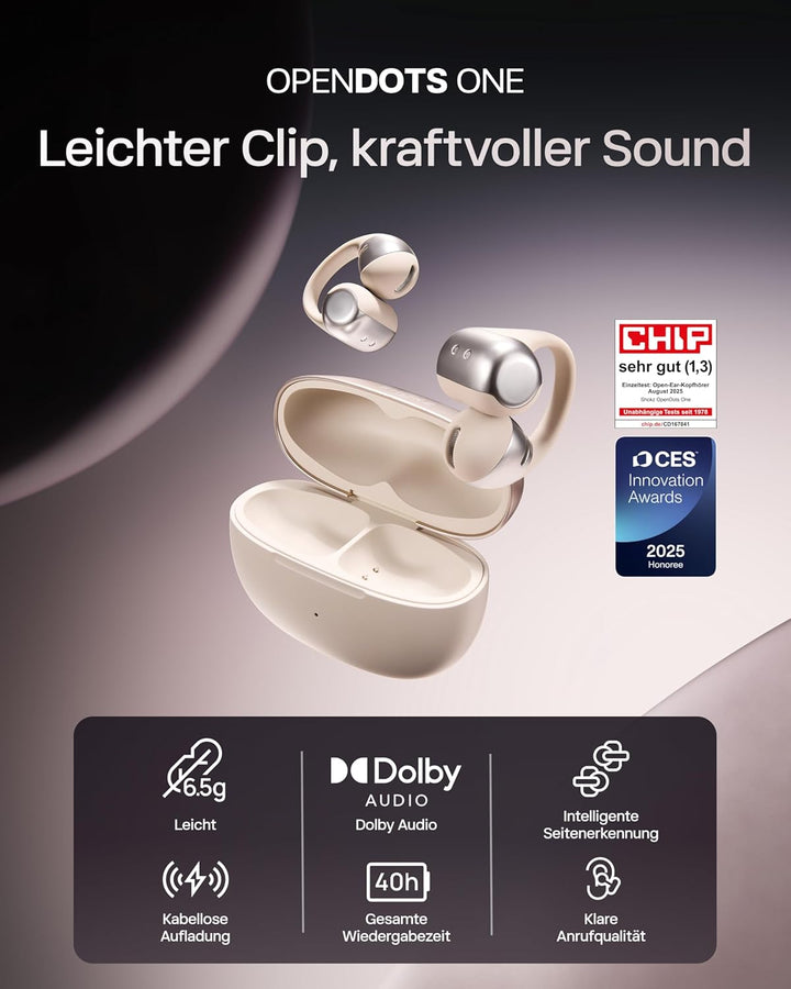 SHOKZ OpenDots ONE Open Ear Kopfhörer, Dolby Audio 6,5g Clip On Kopfhörer weiches Silikon, 40 Std. A
