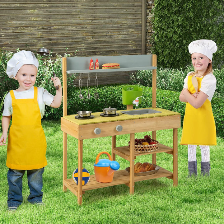 COSTWAY Matschküche Outdoor, Kinderküche Holz mit Wasserfunktion, Spielküche mit Haken & Abnehmbarem