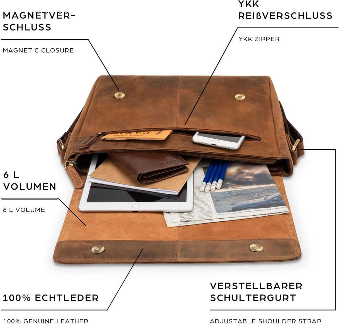 LEABAGS Leder Umhängetasche Herren & Damen I Echtleder Laptoptasche bis 14 Zoll I Messenger Bag mit