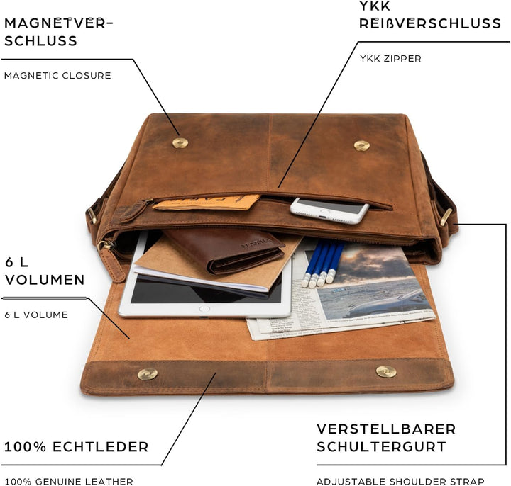 LEABAGS Leder Umhängetasche Herren & Damen I Echtleder Laptoptasche bis 14 Zoll I Messenger Bag mit