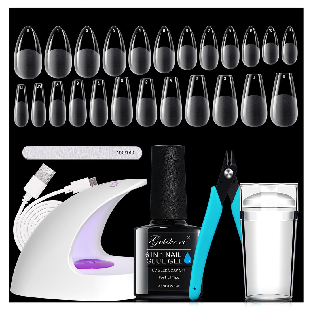Gelike ec Nail Tips and Glue Gel Kit - Gel x Nail Extension Set Mini Nagellampe und 6 in 1Nagelklebe