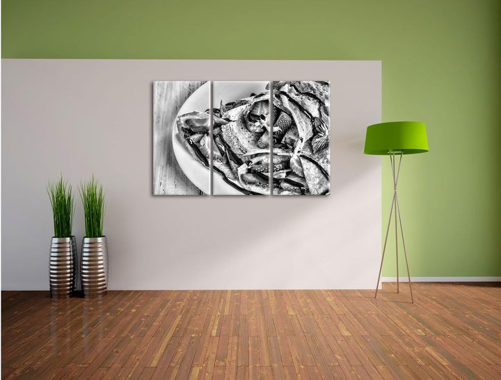Pixxprint Monocrome, Crépes mit Erdbeeren 3-Teiler Leinwandbild 120x80 Bild auf Leinwand