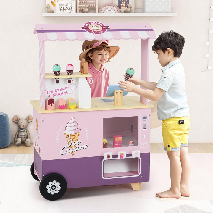 HOMASIS Kinder Eiswagen Holz mit 15 Zubehör, Kaufladen mit 6 Spielzeug-Eiscreme, Eismaschine, Verkau