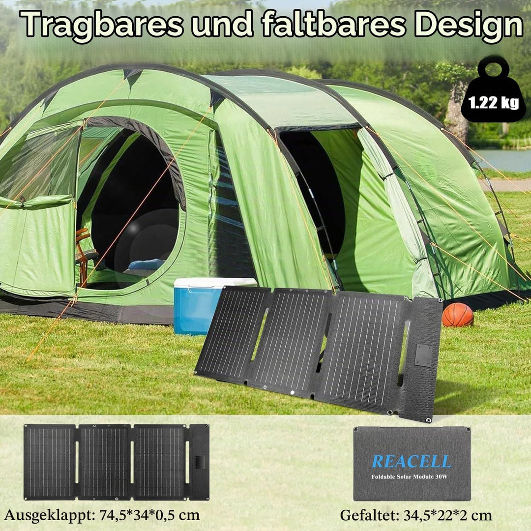 30W Tragbares Solar-Ladegerät mit 2 Ports(USB-C/USB-A), IP65 Wasserdicht, Solarpanel Faltbar Camping