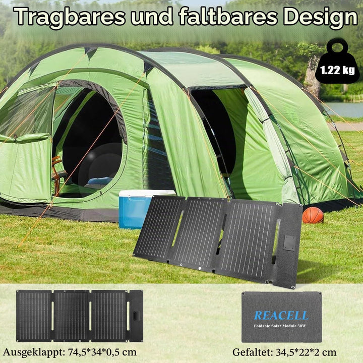 30W Tragbares Solar-Ladegerät mit 2 Ports(USB-C/USB-A), IP65 Wasserdicht, Solarpanel Faltbar Camping