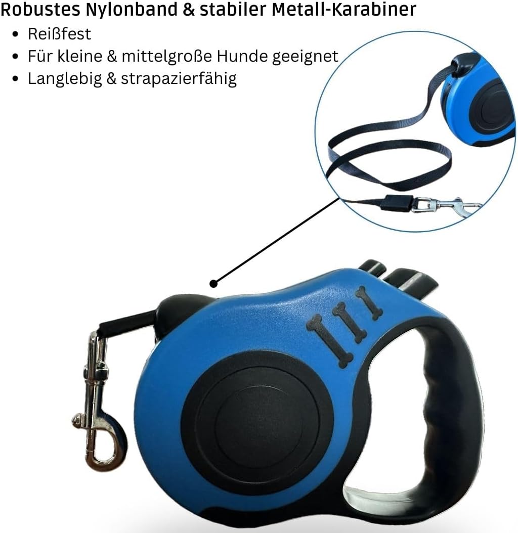 Hundeleine Reiseset 3in1 mit 5 m Rollleine Automatik, faltbarem Napf & Kotbeutelspender – Blau