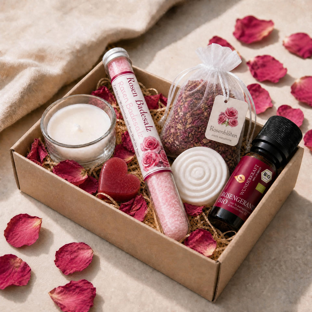 Wellness Geschenkset für Frauen mit Bio Rosengeranienöl, Rosen Badesalz &amp; Duftstein | Wellness Set f