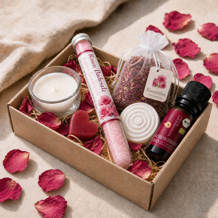 Wellness Geschenkset für Frauen mit Bio Rosengeranienöl, Rosen Badesalz &amp; Duftstein | Wellness Set f
