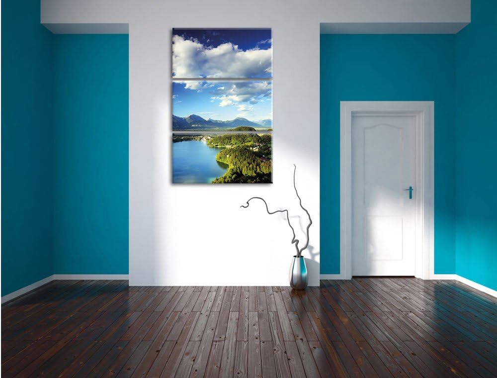 Pixxprint See mit Insel Landschaft 3-Teiler Leinwandbild 120x80 Bild auf Leinwand