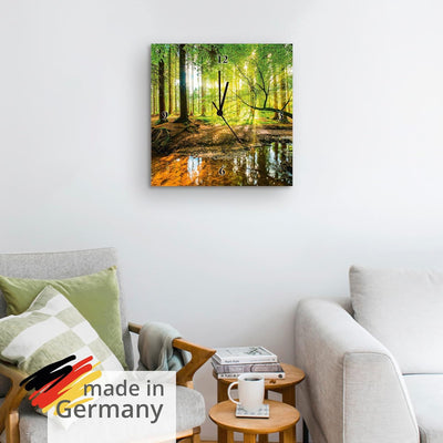 ARTLAND Wanduhr ohne Tickgeräusche Leinwand Quarzuhr 30x30 cm Quadratisch Lautlos Wald Landschaft Na