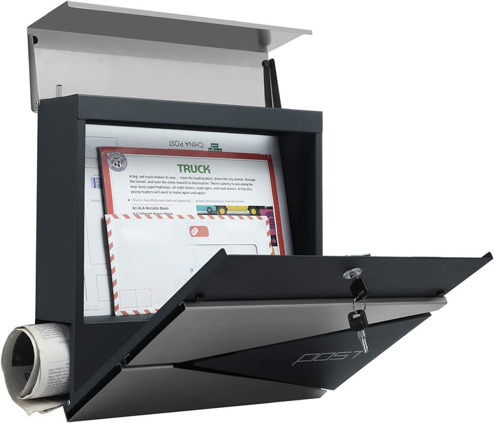 SONGMICS Briefkasten, abschliessbarer Wandbriefkasten, mit Zeitungsfach, einfache Montage, modern, a