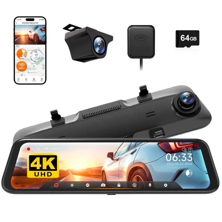 WOLFBOX 12'' G850 4K Spiegel Dashcam mit Rückfahrkamera, Dual Dash Cam Spiegel Auto Vorne und Hinten