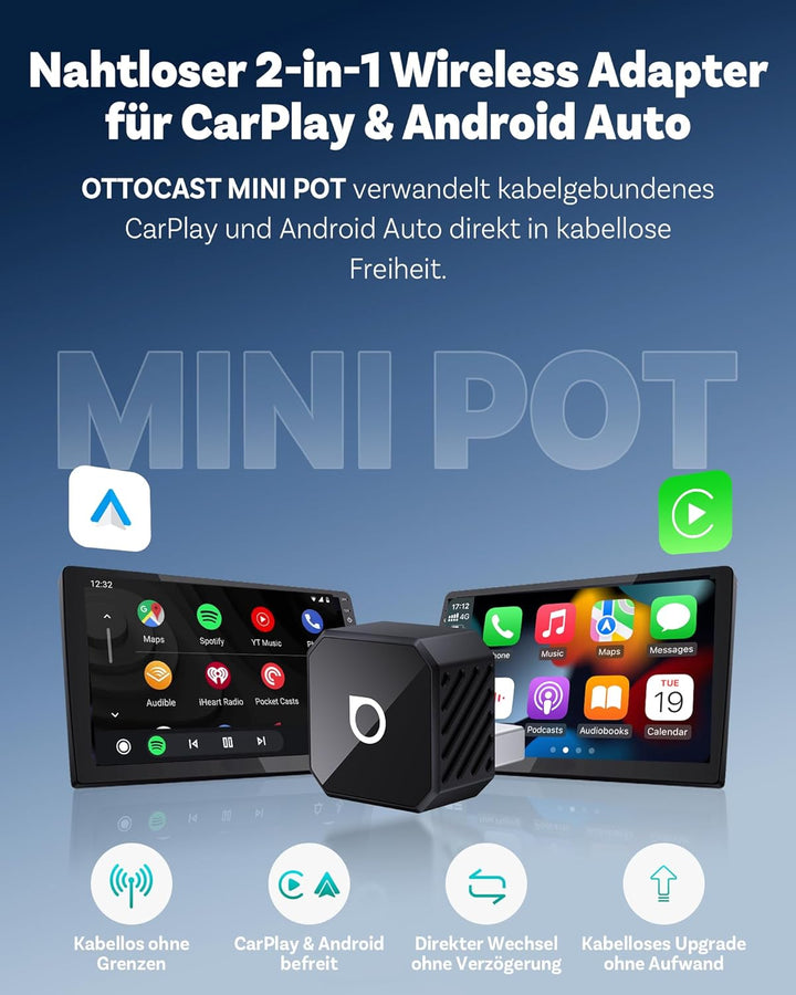 OTTOCAST Mini Pot, 2026 Upgrade Wireless CarPlay & Android Auto Adapter, Plug & Play, WLAN 2.4G+5G,