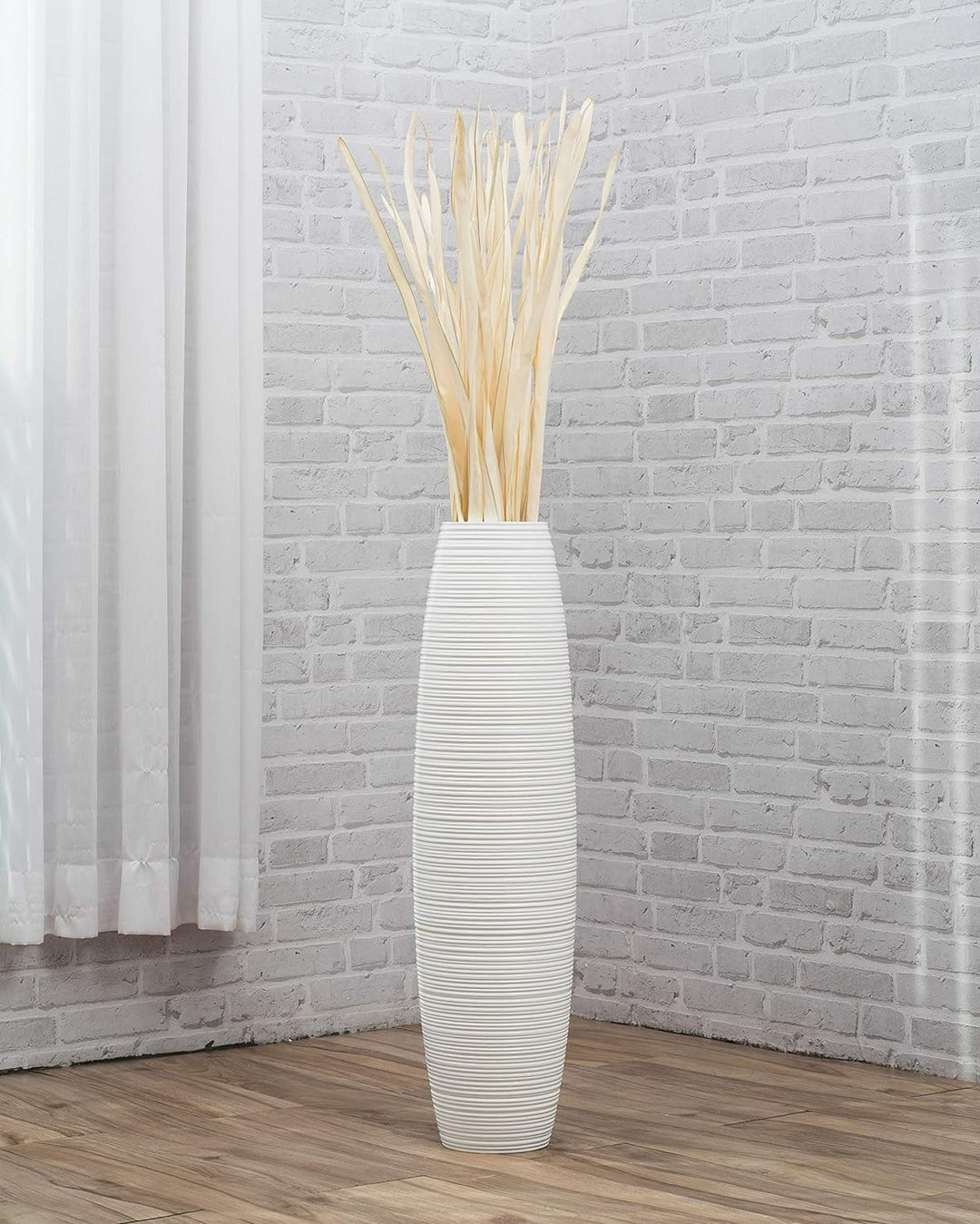 Leewadee Grosse Bodenvase für Dekozweige hohe Standvase Design Holzvase, Holz, 90 cm, Weiss 90 cm We