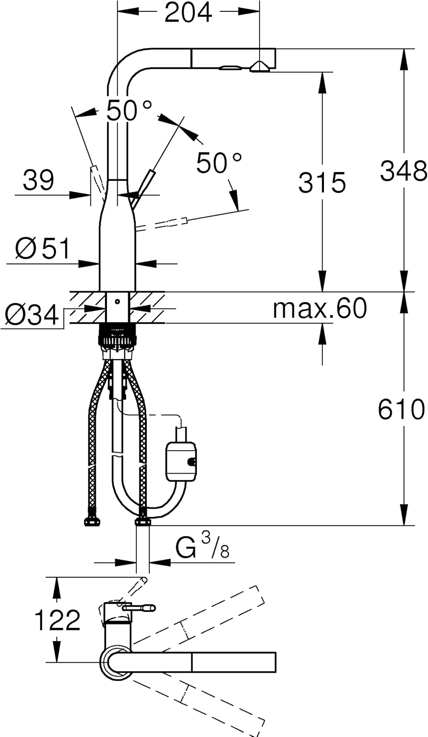 GROHE Essence - Einhand-Spültischbatterie (mit herausziehbarer Dual Spülbrause, Schwenkbereich 360°,