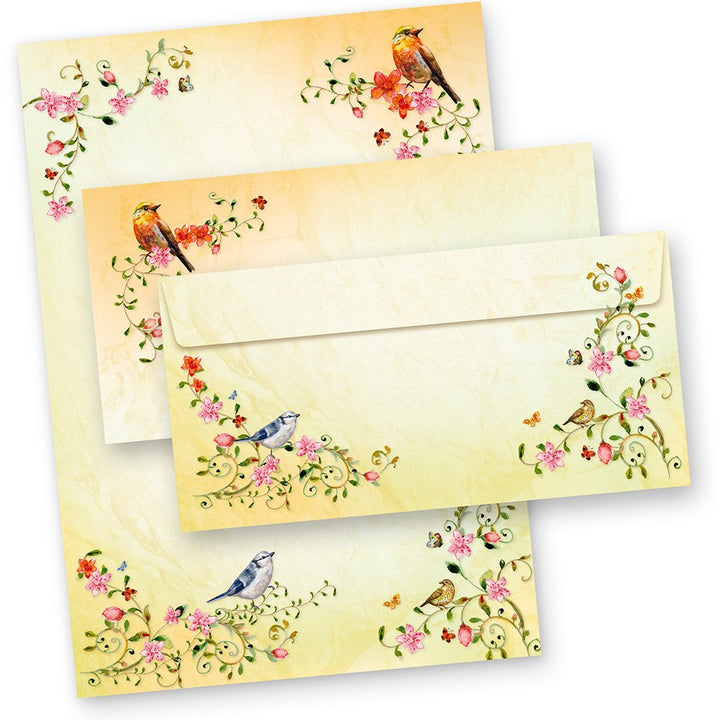 TOSKANA Briefpapier mit Umschlag Set Blumen und Vögel 250 Sets Motivpapier Schreibpapier bunt A4 Fra