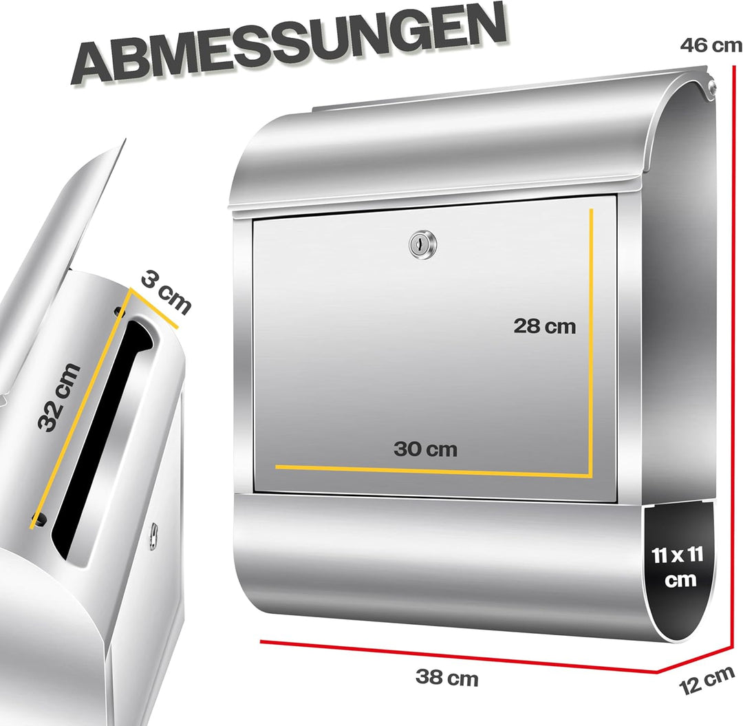 KESSER® XXL Briefkasten Edelstahl mit Zeitungsfach, gebürstet, 3X Schlüssel abschliessbar, Pulverbes