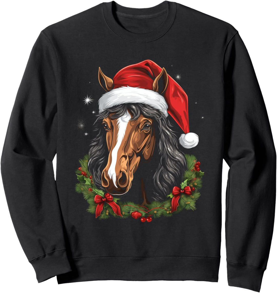 Pferd mit Weihnachtsmütze - Weihnachtspferd Santa Sweatshirt