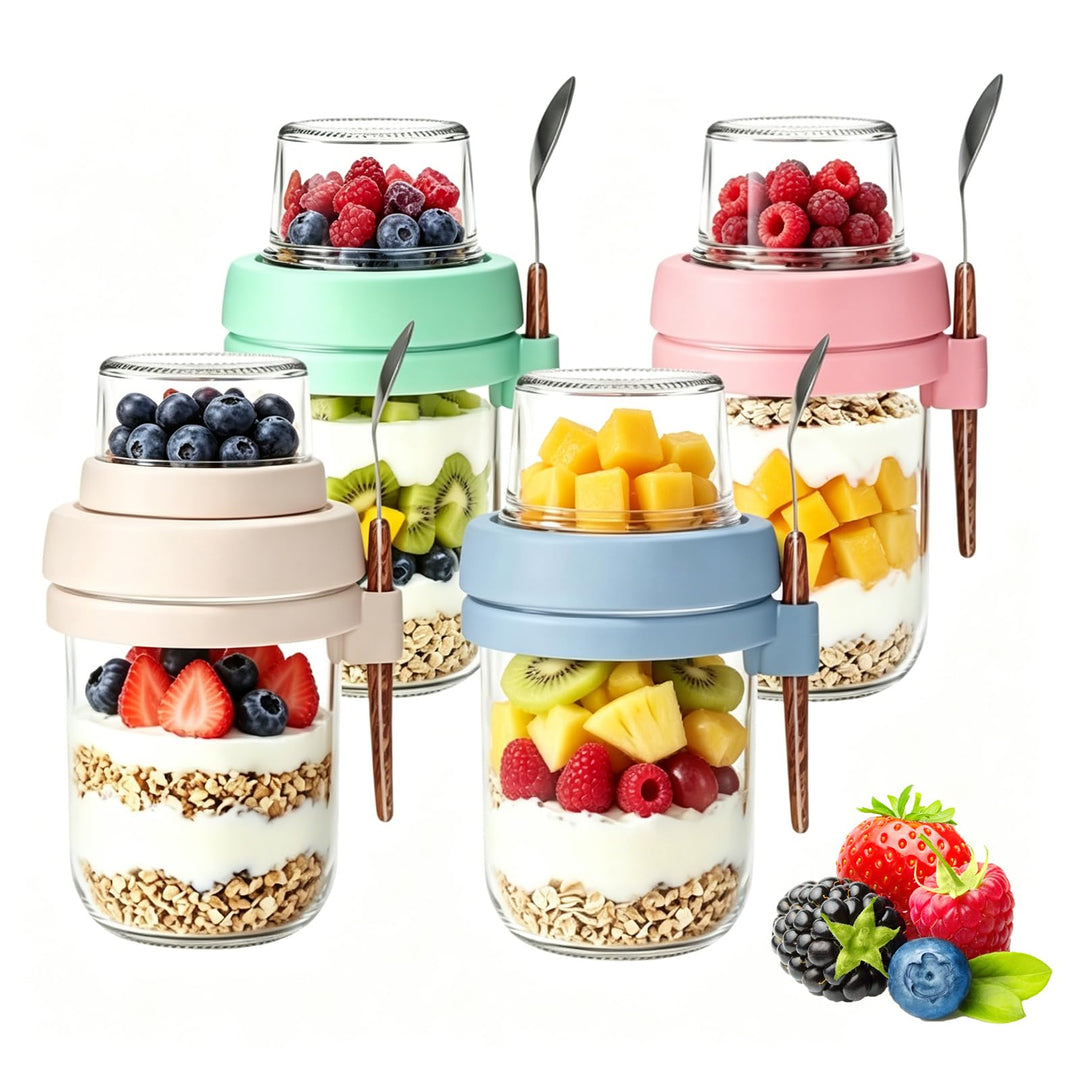 4er Müslibecher To Go mit Löffel, Overnight Oats Gläser, Joghurtbecher mit Doppelschicht-Design, Tro