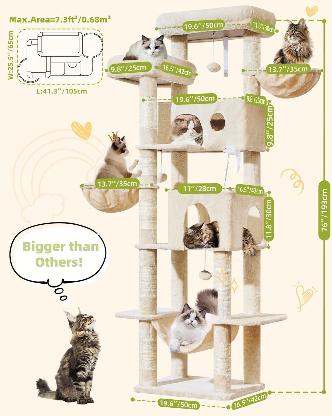 Taoqimiao 193CM Kratzbaum Gross XXL, Katzenbaum Katzenbaum Grosse Katzen Stabil Katzenkratzbaum mit