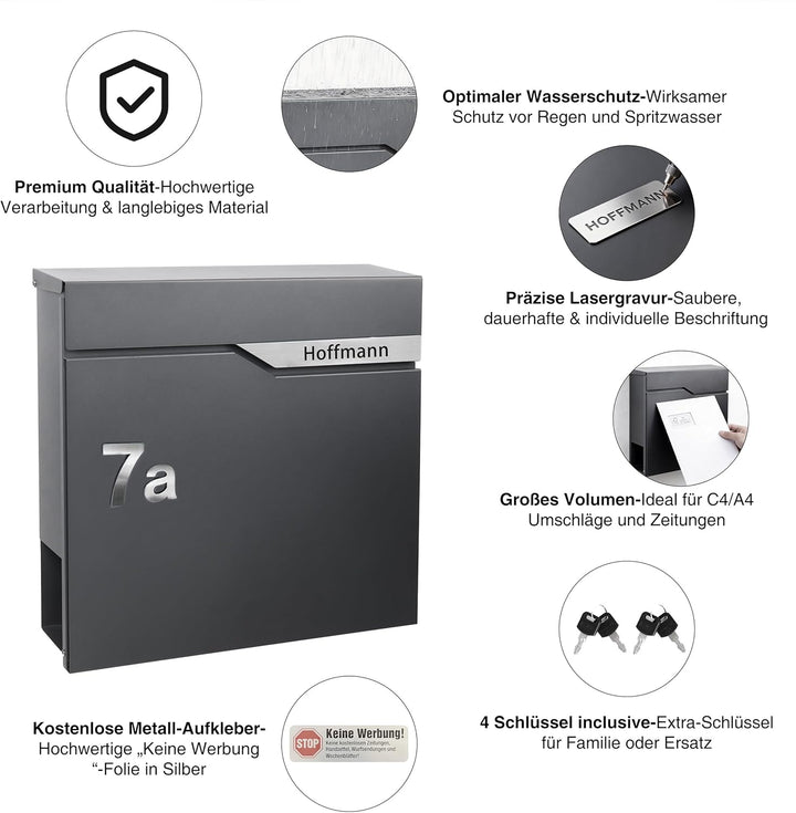 Zedelmaier Design Briefkasten mit Zeitungsfach Anthrazit RAL 7016 Personalisierter - Wandbriefkasten