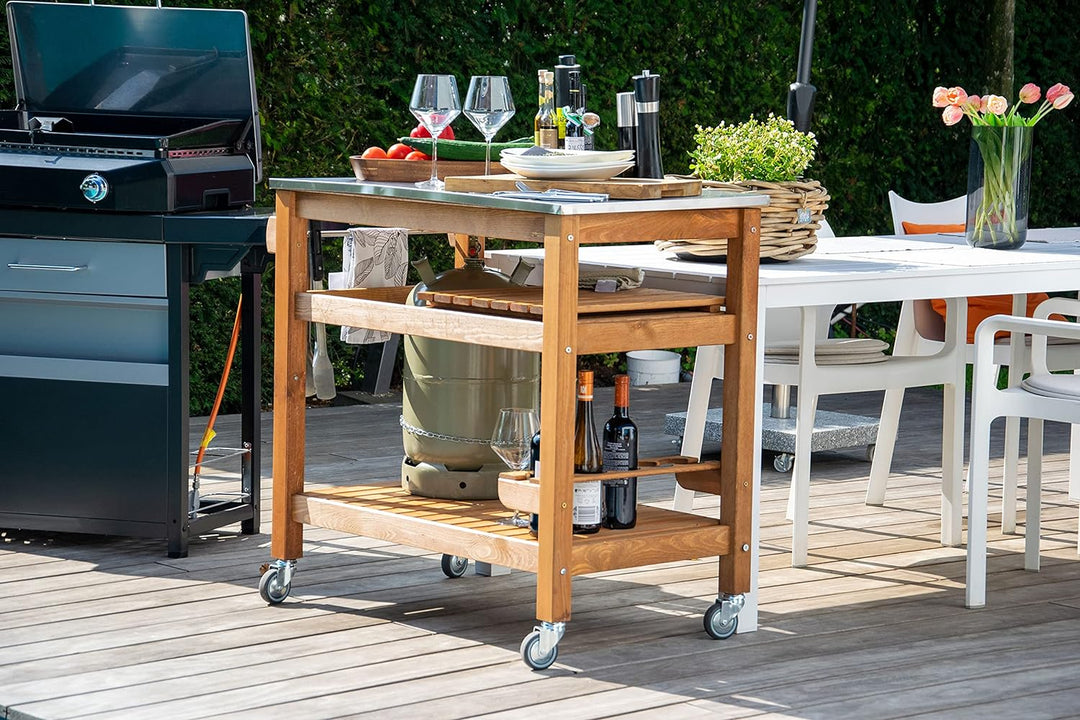 dobar® 35540FSCe Multifunktionstisch | Rollbarer Beistellwagen | BBQ-Trolley Massivholz | Servierwag